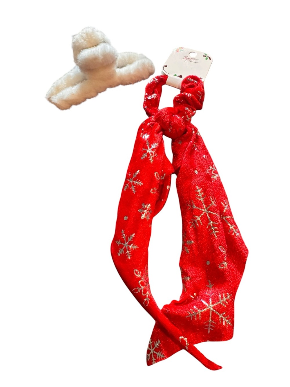 Red Snowflake Scarf Hair Tie and fuzzy hair clip